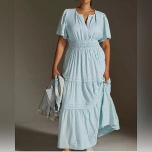 Anthropologie Somerset Linen Maxi Dress Large Smocked Waist Tiered Dress